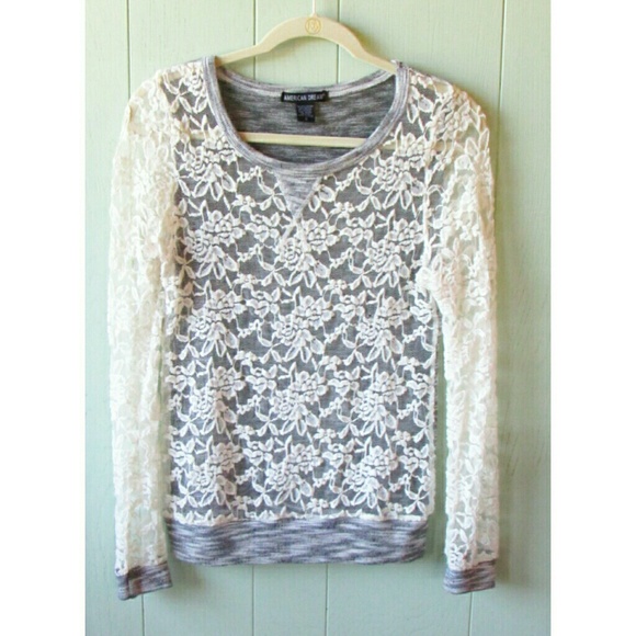 American Dream Tops - American dream ivory lace long sleeve gray shirt S